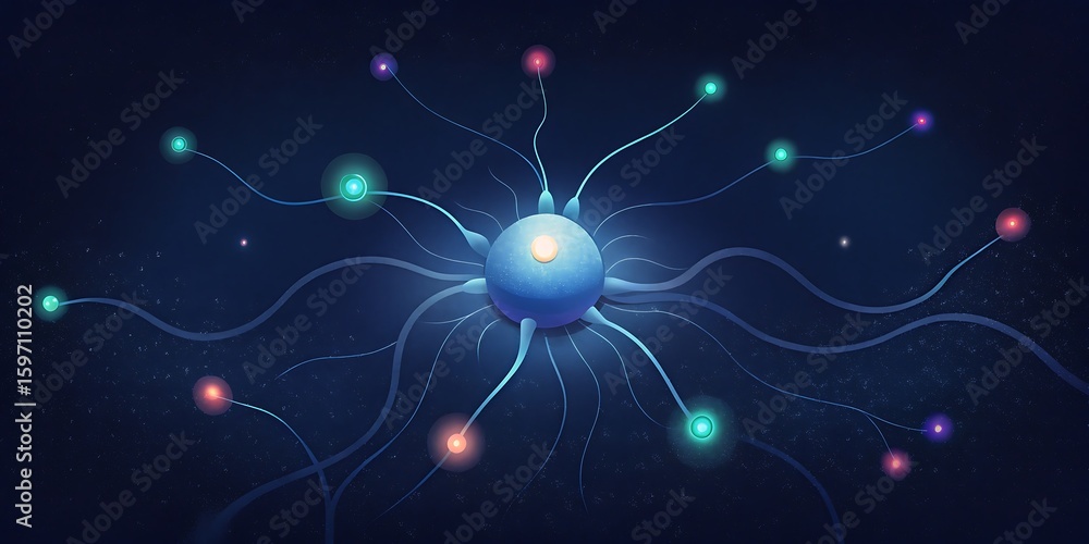 Poster abstract digital illustration of a glowing neural network with colorful nodes and connections.