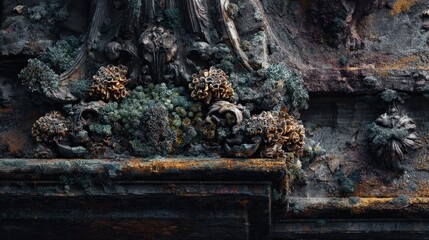 Ancient Stone Carving, Overgrown with Moss and Lichens: A Dark, Moody, and Textured Masterpiece
