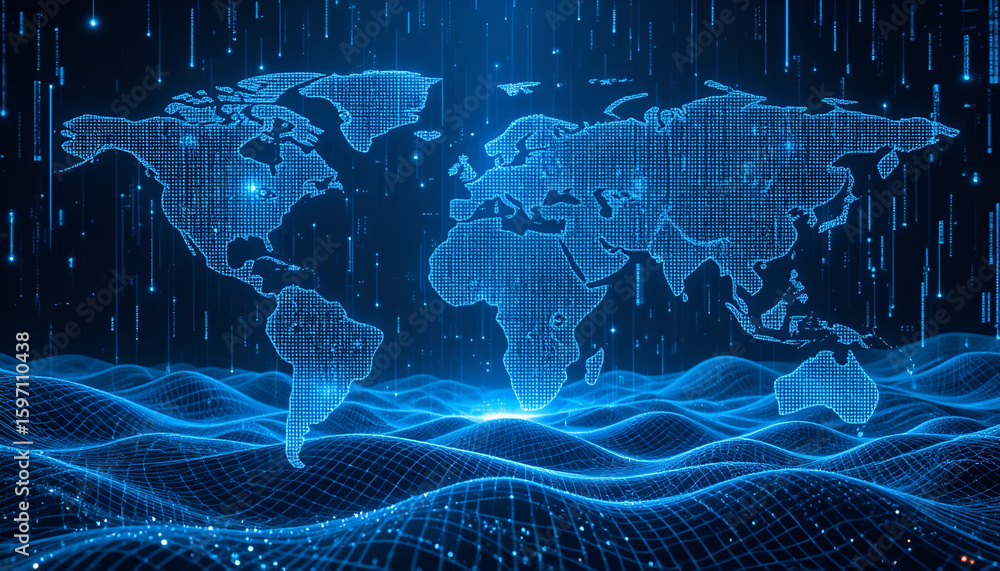 Poster digital world map with flowing data streams and glowing grid landscape illustration