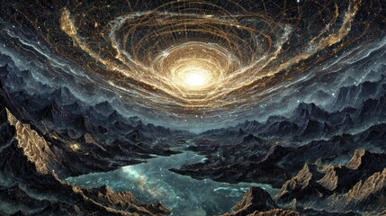 Cosmic Landscape: A Celestial Vortex Above a Mystical Mountain Range