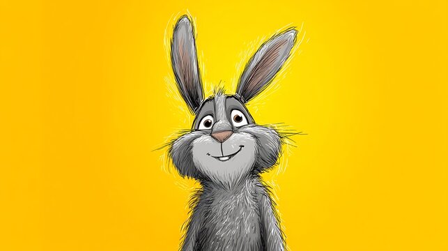 Cartoon rabbit with a cheerful expression on a bright yellow background.