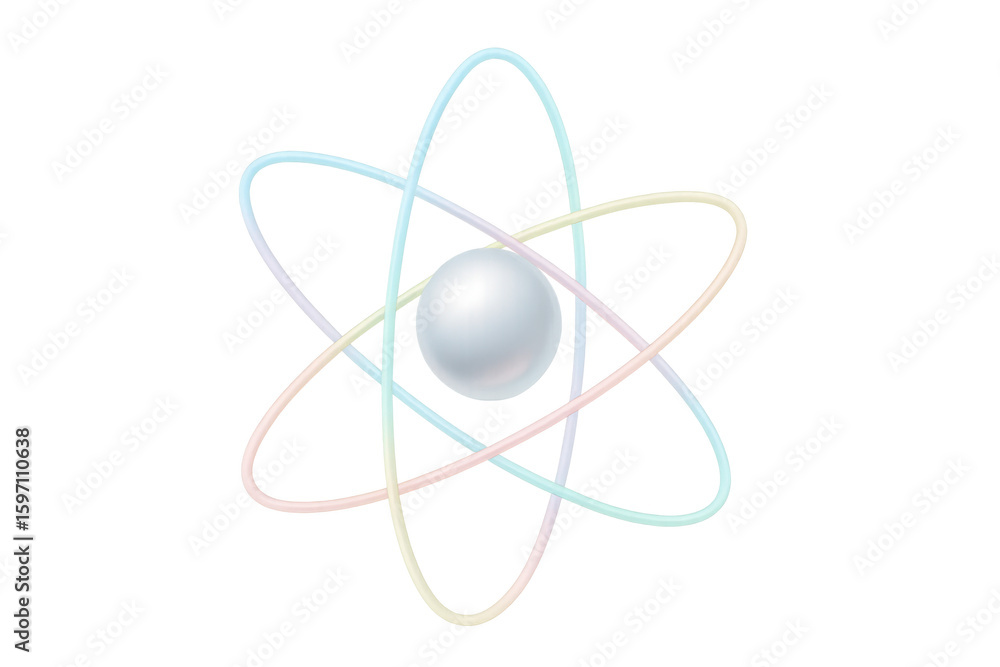 Poster detailed atomic model rendering, electrons circling nucleus, showcasing quantum mechanics visualizat
