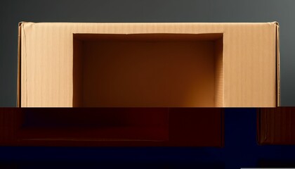 Cardboard box with an opening, top-down view against a dark grey backdrop