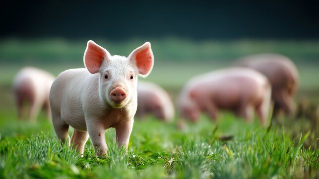 Cute pink piglet standing in green grass, with other pigs in background.