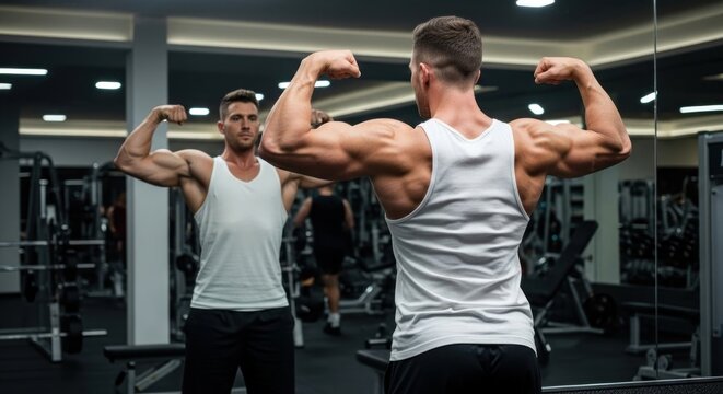 A muscular man flexing his biceps in a gym mirror.