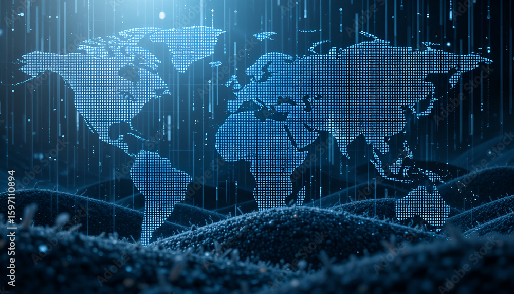 Poster dotted world map with digital data streams overlaying a textured surface in a modern design