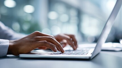 Focused Hands Typing on Laptop, Modern Workplace Productivity
