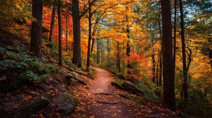 Autumnal Forest Path: A Serene Hike Through Vibrant Fall Foliage