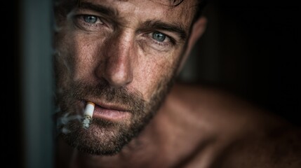 Intense Gaze: A Portrait of a Man with a Cigarette