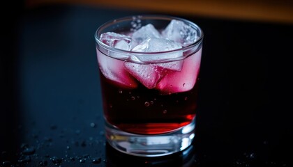 Chilled ruby beverage with ice cubes in a crystal glass on a black surface