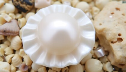 Close-up of an exquisite pearl centerpiece among various seashells and small objects