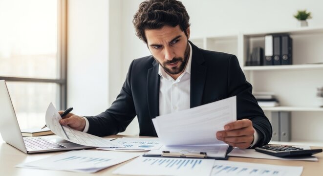 A man in a suit reading documents in an office setting.