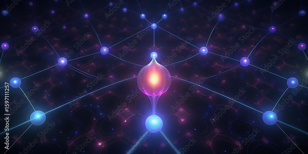 Poster a luminous digital network connects glowing nodes in a futuristic abstract space.