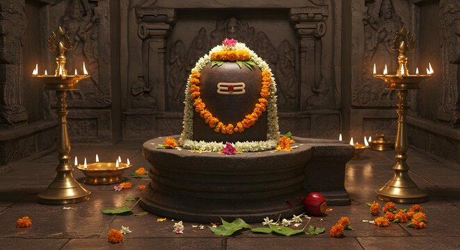 Ancient Shiva Lingam in temple with Floral Offerings, made by Ai