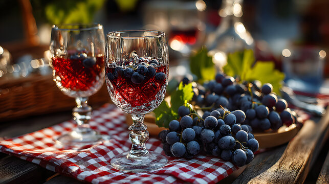 Independence day celebration. Fresh grape American flag wine glass outdoor wooden table summer celebration ,barbecue party outdoor, 4th of july gathering, family patriotic celebrating usa holiday