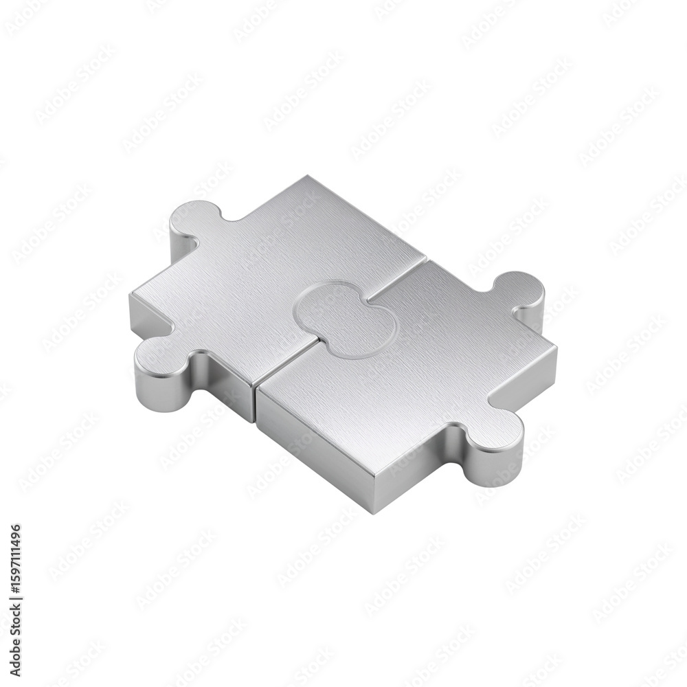 Poster interlocked chrome puzzle pieces concept, symbolizing unity, teamwork and problem solving on
