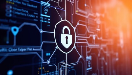 Digital security concept with a padlock symbol on a computer system interface screen