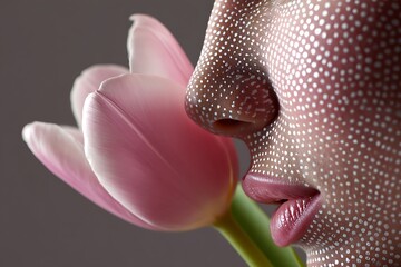 Dotted face with pink tulip, close-up of woman's face and flower blossom.
