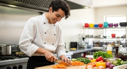 A chef in a professional kitchen, preparing a meal with fresh vegetables.