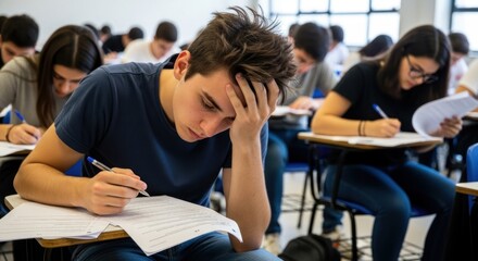A student in a classroom, holding a pen and paper, with a stressed expression on their face.