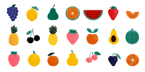 Hand Drawn Style Illustration of Various Fruits Including Watermelon and Pineapple on Transparent Background, PNG