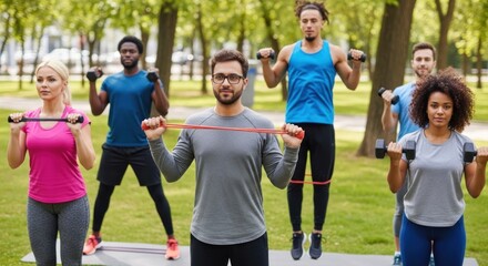 A group of people exercising outdoors with resistance bands and weights.