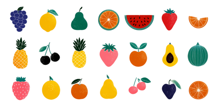 Hand Drawn Style Illustration of Various Fruits Including Watermelon and Pineapple on Transparent Background, PNG