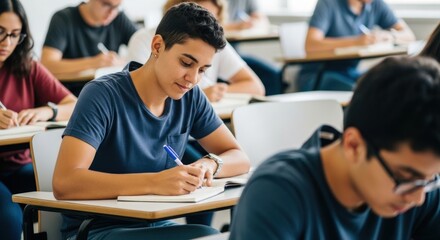 A young man in a blue shirt taking notes in a classroom setting.