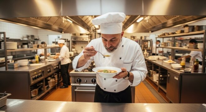 A chef in a white uniform and hat, tasting a bowl of soup in a busy kitchen with other chefs in the background.
