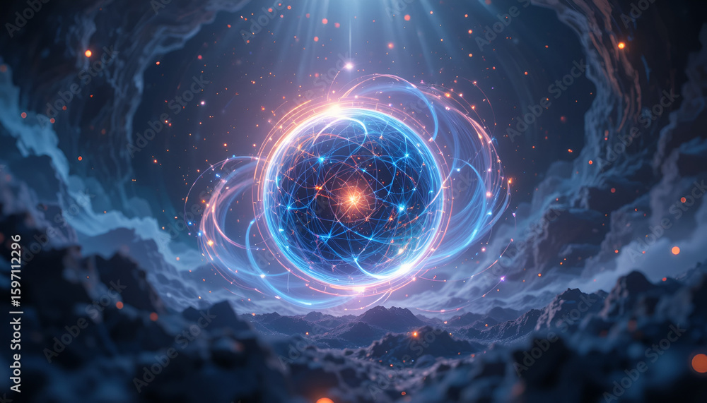 Poster abstract glowing sphere with interconnected lines hovering over a dark landscape
