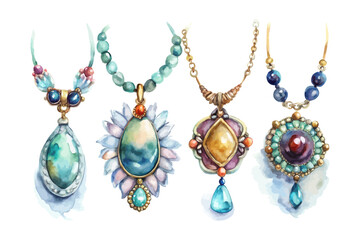 set of watercolor Necklace vector illustration isolated on white background