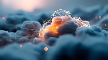 Glowing Network Structure Embedded in Soft Clouds, Futuristic Technology