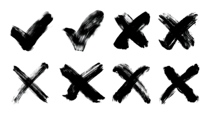 Hand Painted Check and Cross Marks in Black Brushstrokes on Transparent Background for Graphic Design Elements and Symbol Icons, PNG