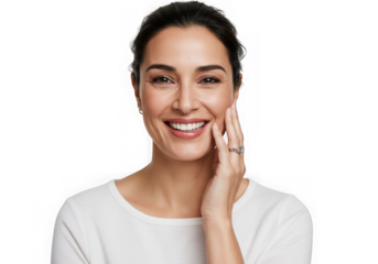 Portrait of a smiling woman with hand on her cheek looking ahead on transparent background