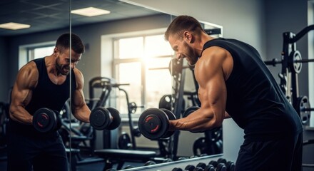 Obraz premium A muscular man in a black tank top and shorts, lifting a dumbbell in a gym with a mirror reflecting his image.