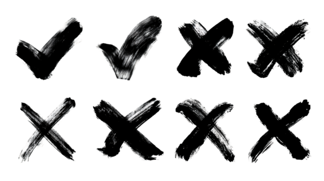 Hand Painted Check and Cross Marks in Black Brushstrokes on Transparent Background for Graphic Design Elements and Symbol Icons, PNG