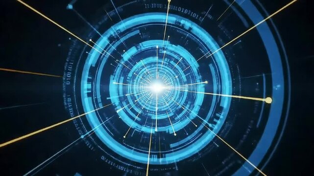 Futuristic HUD Technology Interface with Binary Code and Glowing Light Streaks