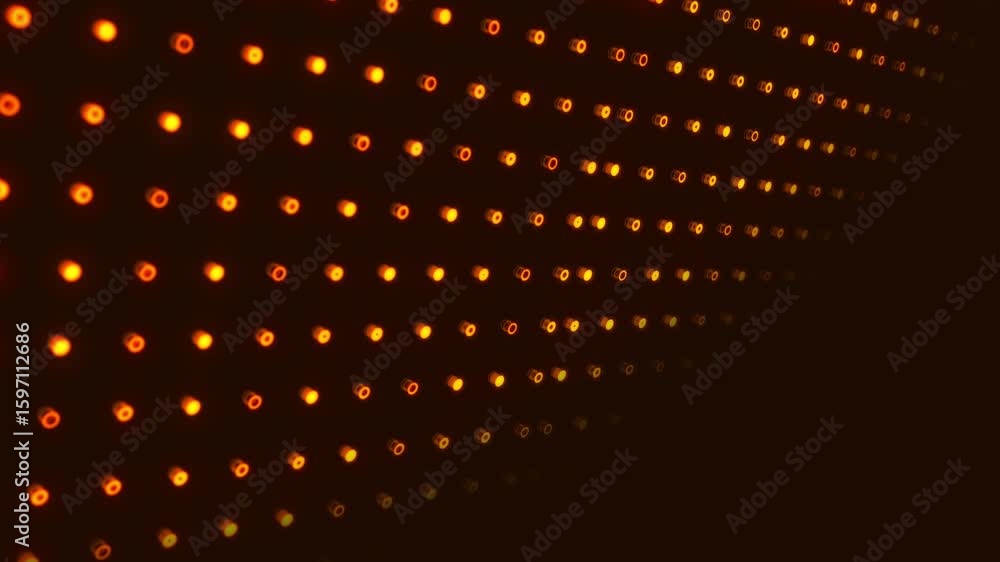 Poster glowing perspective orange dots forming luminous grid pattern on dark video background for dynamic d