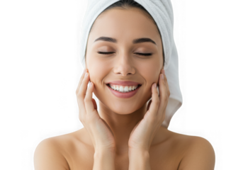 Woman smiling with towel on head touching her face gently now on transparent background