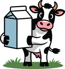 A cute cartoon cow happily holding a carton of milk on a patch of green grass. Transparent png vector