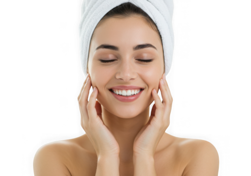 Woman smiling with towel on head touching her face gently now on transparent background
