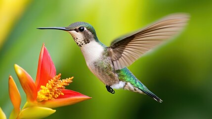Hummingbird in flight near a flower