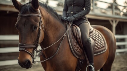 Woman In Riding Attire On Horse In Snowy Stable