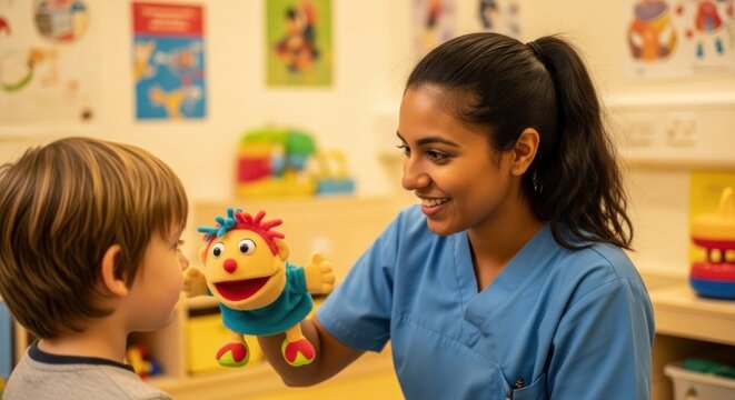 A healthcare professional interacting with a child in a playroom. - Powered by Adobe