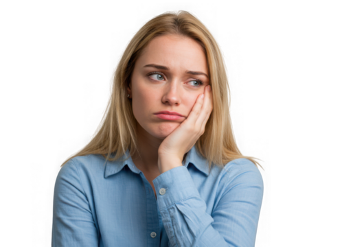 Blonde woman in blue shirt resting her face on her left hand on transparent background