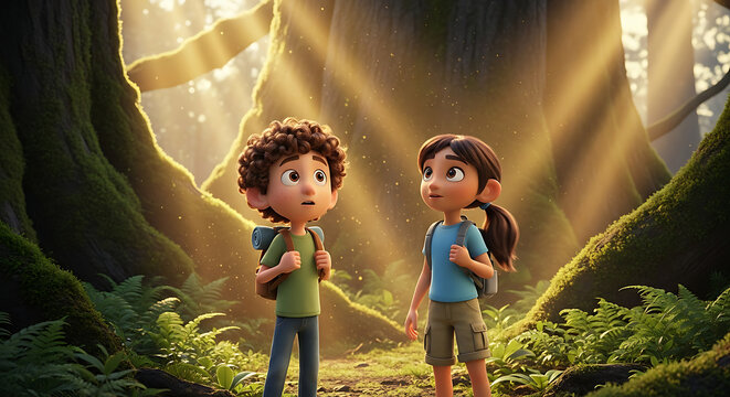 Two animated children, a boy and a girl with backpacks, stand in a sunlit forest, looking upwards with expressions of wonder.