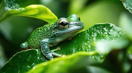 Close-up of a vibrant green frog on leaves