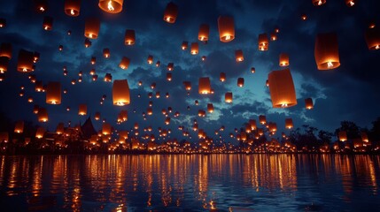 Sky lanterns float over a tranquil water
