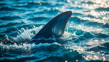 Fototapeta premium A solitary shark fin cutting through shimmering ocean waves under bright daylight