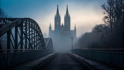 Obraz premium Misty morning path to a gothic cathedral over a bridge